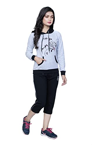 Image of Women's Embroidered /Printed Cotton Hooded Full Sleeve Grey Top and Black Capri Set (Medium)