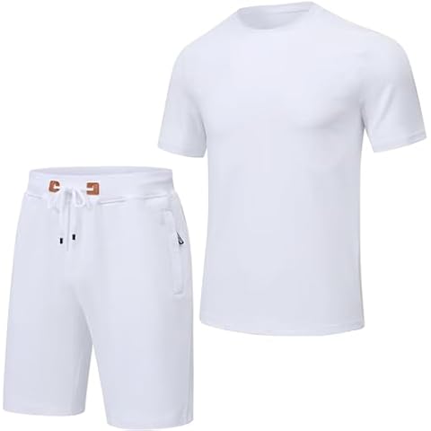 QPNGRP Men's Outfits Zipper Pocket Shorts and T-Shirt 2 Piece Set Sweatsuit White XX-Large Cover