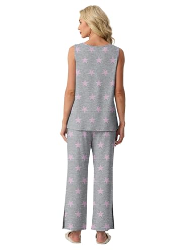 PrinStory Womens Pajama Sets Soft Knit Pjs 2 Piece Sleeveless Pajama Set Summer Lightweight Pj with Pockets Pink Star-2XL — view 6