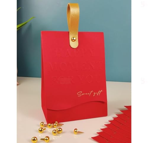 Image of SATYAM KRAFT 10 Pcs Elegant Candy Folding Paper Gift Box with Handle | Decorative Favor Box for Wedding Return Gifts, Engagement, Festivals, Birthday, Chocolates & Dry Fruits (Red)