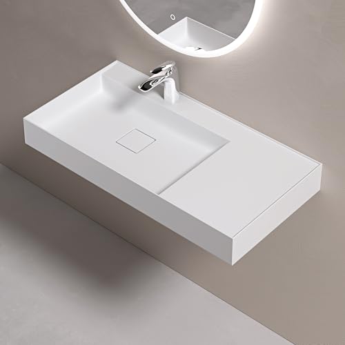 doporro Lavabo Suspendu avec Bonde Vasque à Poser Blanc Mat 90x46x12cm Lave Mains Rectangulaire avec Perçage de Robinet Colossum630