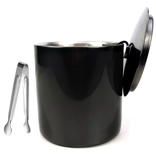 WANGJIANPENGPL Cubiteras de 1 L, Cubitera Vino, Cubo Cerveza de Acero Inoxidable 304 para Fiestas con Clip de Tapa, Hielera para Vino Fiestas Cócteles y Bares(Black)