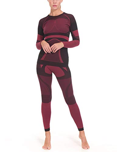 Little Donkey Andy Women's Soft Thermal Underwear Long Johns Set, Winter Warm Knit Compression Baselayer Skiing Top & Bottom Black Red Size L