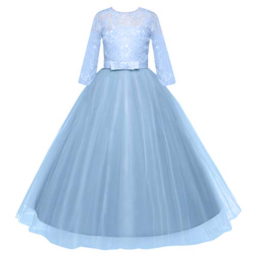 Image of Girls Flower Vintage Floral Lace 3 /4 Sleeves Floor Length Dress Wedding Party Evening Formal Pegeant Dance Gown