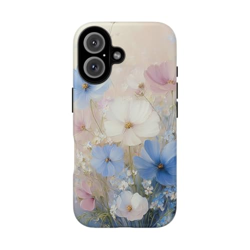 Coque rigide mate iPhone 16 Bouquet floral pastel doux bleu résistant aux rayures