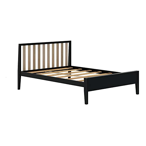 Max & Lily Full Bed, Scandinavian Modern Bed for Kids, Solid Wood Twin Bed Frame with Slatted Headboard, No Box Spring Needed, Black/Blonde