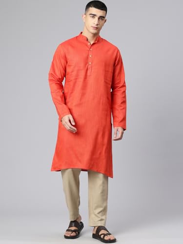 Image of Majestic Man Men's Cotton Regular Fit Traditional Mandarin Collar Ethnic Motifs Solid Long Kurta