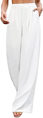Kocowoo Women Casual Wide Leg Pants Button Down Straight Long Trousers Pants Elastic High Waist Dress Pants for Women