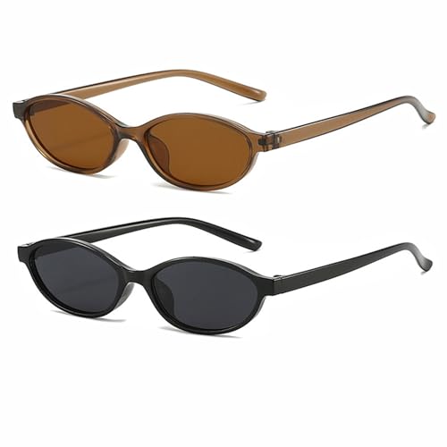 FSMILING Lunettes De Soleil Femme Vintage Lunette De Soleil Rétro Ovale Œil De Chat Pour Femmes Petites Tendance Années 90 Mode,2 Noir/Brun