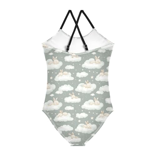 senya Girls Swimsuits One-Piece Swimwear Tie Bathing Suit Beach Summer Round Neck 7-8T Cloud Rabbit Pattern2