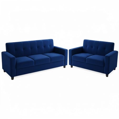 Image of FURNY Homeoy 5 Seater Fabric 3+2 Sofa Set (Blue) with Premium Velvet Finish | Durable Comfort Ideal for Living Room