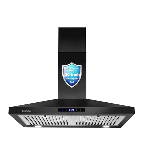 SNDOAS Black Range Hood 30 Inch,Stainless Steel Wall Mounted Kitchen Hood with Touch Controls, Ducted/Ductless Convertible,Chimney-Style Stove Hood Vent for Kitchen,Baffle Filters,Black Painted Finish