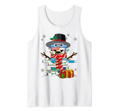 Funny Book Pile Snowman Lovers Christmas Pajama Xmas Holiday Tank Top
