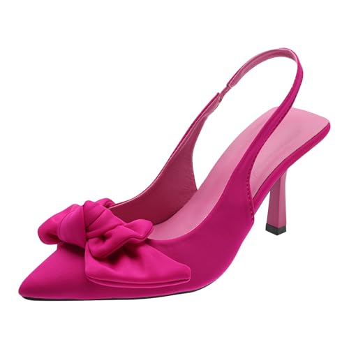 Chaussures roses cerise pour femme à talons et bout pointu avec nœud aiguille et bride arrière sexy pour mariage, bal de fin d'année, sandales, rose...