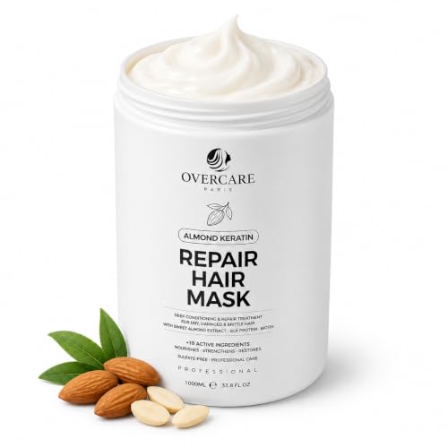 OVERCARE Almond Keratin Hair Mask for Dry Damaged Hair, Deep Conditioning Repair Treatment for Brittle Hair, Hydrating Protein Mask with Almond Oil Silk Protein Biotin, Strength Shine Restore 1000ml