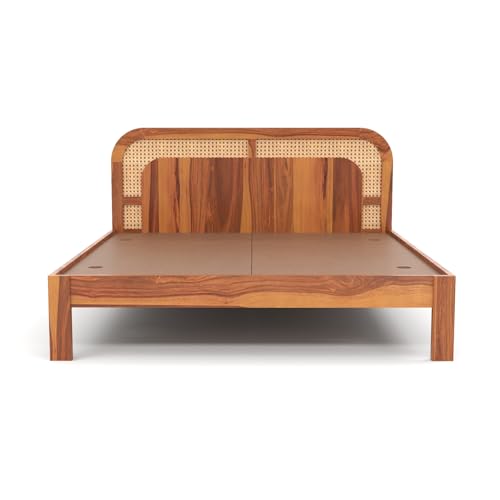 Image of Sheesham Wood Cane Bed Without Storage for Bedroom | Queen Size Wooden Double Bed Palang with Curved Rattan Headboard (Honey Finish)