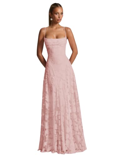 Gekaioe Maxi Floral Bridesmaid Dresses for Women Long Blush Pink Lace Prom Dress Backless Boho Cowl Neck Formal Evening Gown Petite Size 2