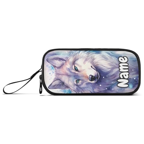 Image of Custom Wolf Watercolor Pencil Case Box Boys Girls Personalized Name Large Pencil Pouch Stationery Pen Bag Organizer for Kids Adults School Office