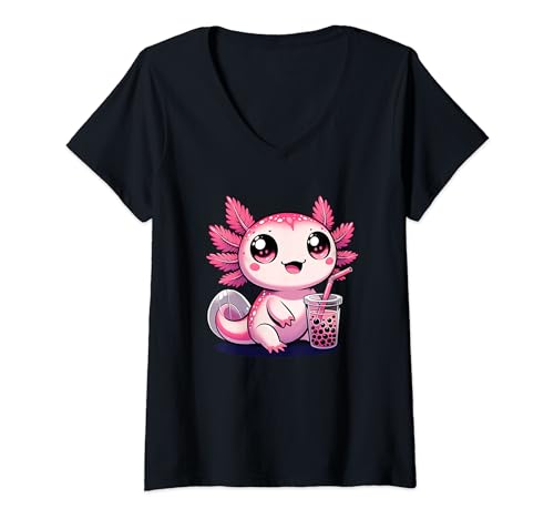 Femme Kawaii Axolotl Boba Tea Cute Kawaii Bubble Tea Lover T-Shirt avec Col en V