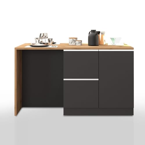 WHOUS Isola Cucina SOLE con 1 Anta, 2 Cassetti e 6 Vani, Tavolo da Pranzo e Piano di Lavoro, Ideale per Open Space e Spazi Ridotti, 152,5x90x90,60 cm, Antracite Opaco e Rovere