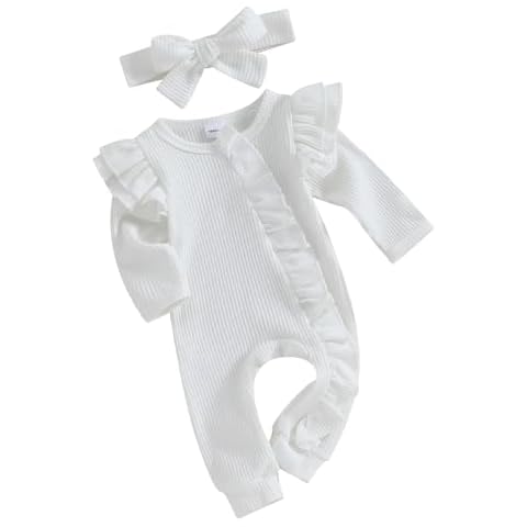 Ayalinggo Newborn Baby Boy Girl Clothes Long Sleeve Ribbed Romper Bodysuit Waffle Knit Outfit Solid Zippers Ruffle Jumpsuit (White with headband, 6-12 Months) Cover