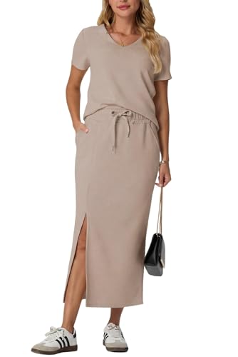 Image of GRECERELLE Women Summer Casual 2 Piece Sets V-Neck Wrinkle-Free Top & Elastic Waist Midi Side Slit Skirt with Pockets