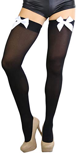 Image of ToBeInStyle Women's Opaque Long Thigh High Stockings w /Decorative Front Satin Bow