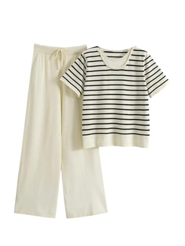 Women's Knitted Two Piece Set Striped Short Sleeve Tee and