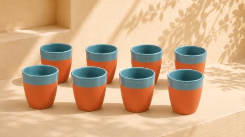 Aspira Bicchieri da vino mediterraneo, bicchieri in terracotta, rustici, medievali, tonalità naturale, turchese smaltato, realizzati a mano, 8 pezzi