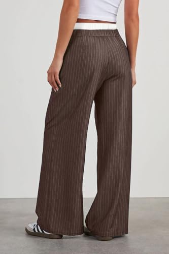 Lesore Womens Striped Color Block High Elastic Waist Wide Leg Pants Trousers Long Straight Suit Pants4