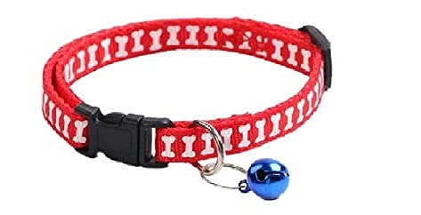 PSK PET MART Cute Bone Print Dog Puppy Cat Kitten Pet Collar Adjustable Necklace with Bell, Cat Accessories (RED)