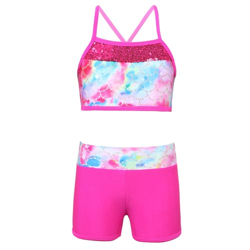 iiniim Kids Girls Two Piece Dance Sports Bra Crop Top with Shorts Gymmnastics Leotard Active Swimming Outfit Set Colorful Fish Scales 6