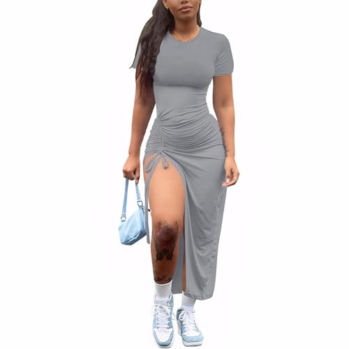 Image of Nimsruc Women Sexy Summer Dresses Short Sleeve Thigh-high Slit Ruched Bodycon Maxi Club Cocktail Party Dress
