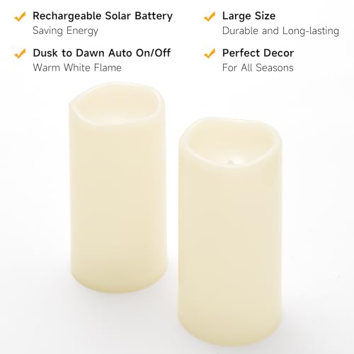 Image of NURADA Large Outdoor Solar Candles Waterproof - 8 inch x 4 inch Rechargeable Solar Powered Flameless LED Pillar Flickering Candle for Patio Porch Lanterns Decor - Ivory Set of 2