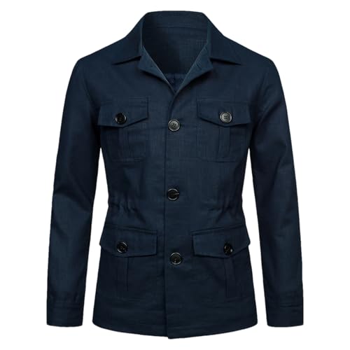 aromm Chaqueta de Lino Ligera para Hombre Abotonar Transpirable Casual Blazers Abrigo Marina con Bolsillos, S