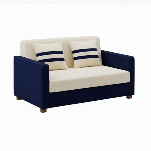 Image of FURNY Lifestylio 2 Seater Fabric Sofa Set (Cream-Dark Blue) Premium Velvet Finish | Ideal for Living Rooms, Offices