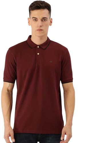 Image of Peter England Men's Snug Fit Solid Polo T-Shirt with Coloured Collar Tipping| Cotton Rich| Premium Pique Weave