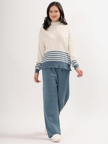 Image of Kvetoo Women Winter Coord Set Wool Blend Tracksuit High Neck Sweater and Wide Leg Pants Warm Knitwear Pyjama Set for Casual Office Travel Wear