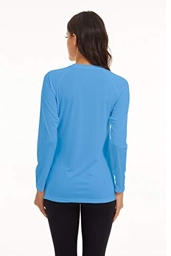 Kingfen Womens Upf 50+ Activewear Spf Shirts Long Sleeve Exercise Workout Tops Lightweight Clothing Hiking Sun Protection Breathable Plain Tops Sunproof Thin Wicking T Shirt Waterfall Blue Large #TOP3