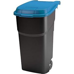 Rotho Atlas Mülltonne 100l mit Deckel und Rollen, Kunststoff (PP) BPA-frei, schwarz/blau, 100l (59,0 x 51,0 x 92,0 cm)