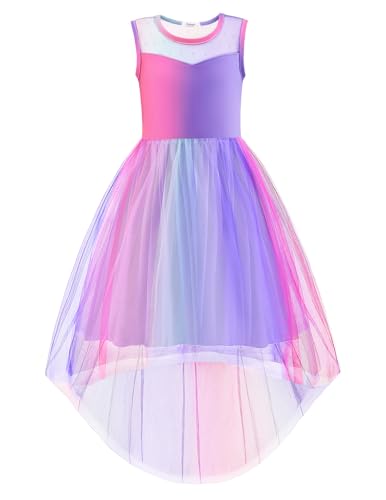 Image of Arshiner Girls Dresses Formal Party Wedding Tulle Sleeveless Contrast Mesh High Low Dress with Belt