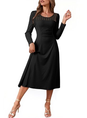 Dokotoo Dresses for Women Elegant Fall Wedding Guest Dresses Womens 2025 Casual Long Sleeve Crewneck Lace Solid Color Formal Fashion Outfits Midi Dress Black Medium