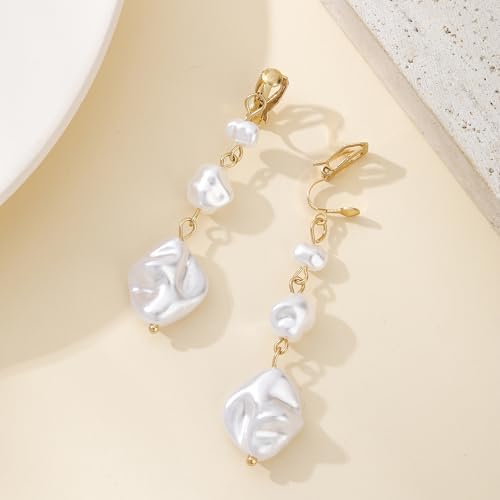 Baroque Pearl Pendant Clip Earrings Long Drop Clip-on Earrings for Women Gold Plated White Imitation Pearl Non-Pierced Earrings4