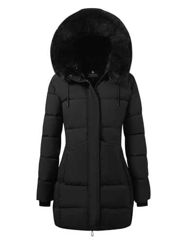 ASPO Women's Winter Warm Coats Waterproof Thick Fleece Lined Down Puffer Jacket 5 Pockets Long Parka Faux Fur Detachable Hood Black L
