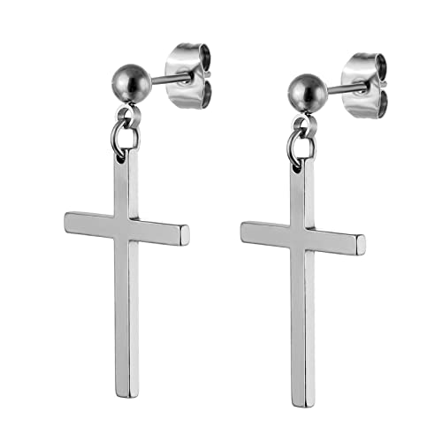 Boucle D Oreille, Homme Femme Acier inoxydable Clous et Puces Avec Pendentif Croix Argent