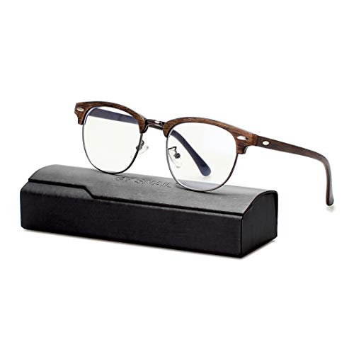 Blue Light Blocking Clear Glasses for Men, Anti Eyestrain Better Sleep, Round Computer Semi Rimless Nerd Glasses (Brown Wood Grain Frame)
