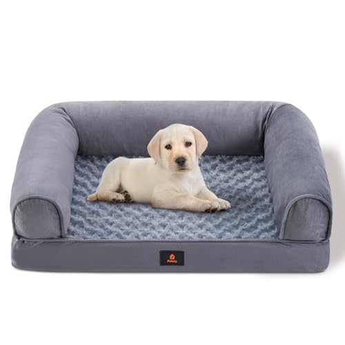 Petzly Dog Bed Orthopedic Pet Bed for Medium Dogs, Memory Foam Neck Support Couch Pet Sofa with Removable Washable Cover, Non-Slip Bottom Medium Dog Couch Bed, Grey
