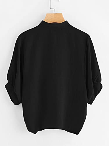 Image of Milumia Women's Collar Lantern Short Sleeve Pleated Hem Button Down Work Blouse Shirt Top