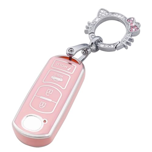 Image of Pangpai Pink Mazda Key Fob Cover, Soft TPU Case with Bling Keychain Fit for 3, 6, Miata MX-5, CX-5, CX-9 Smart Remote