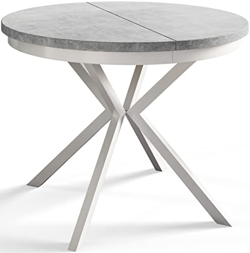 Mesa Redonda de 90 cm / 170 cm Montaña,Mesa Plegable,Mesa de Cocina,Mesa de Comedor,Mesa de Comedor,Mesa de salón,Mesa de Interior,Mesa Moderna,Patas metálicas Blancas,Extensible,Estudio Brillante